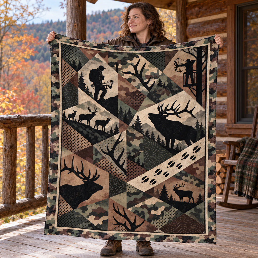 Hunter holding up the deep green diamond buck fleece blanket
