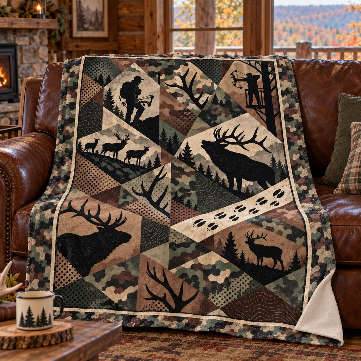 Deep green diamond buck fleece blanket draped over a cabin couch
