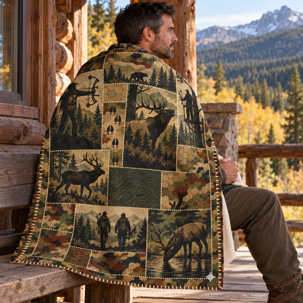 Blanket draped over the shoulders on a cabin porch