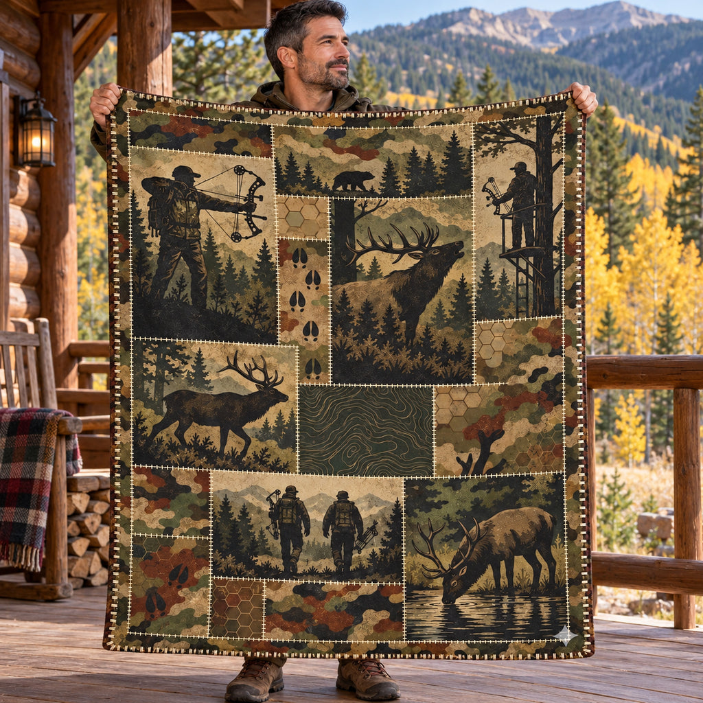Hunter holding up the timber grid hunting camp fleece blanket