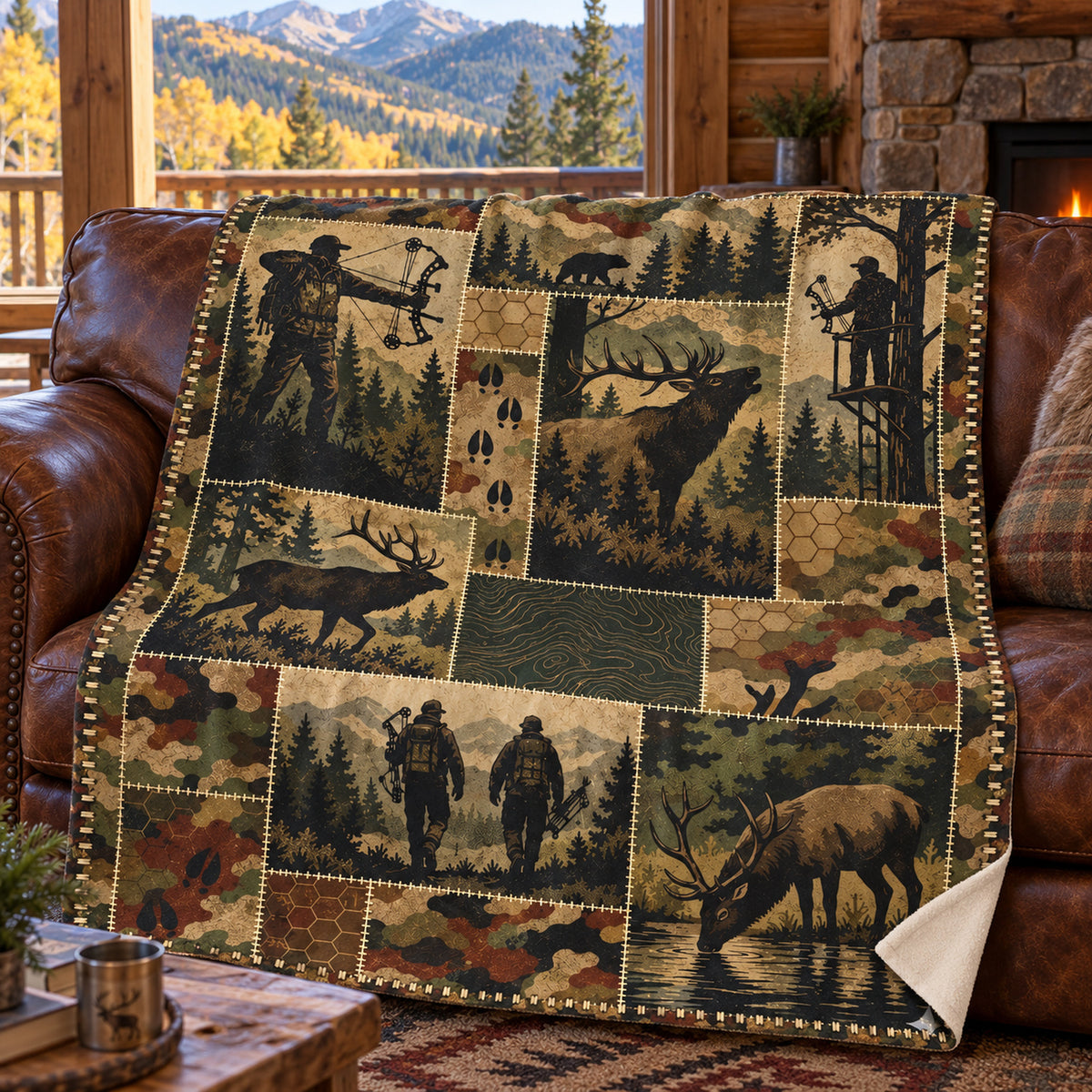 Timber grid hunting camp fleece blanket draped over a cabin couch