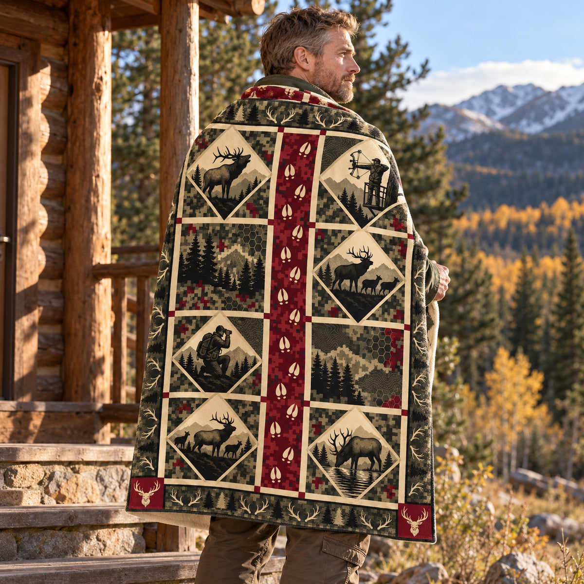 Blanket draped over the shoulders on a cabin porch