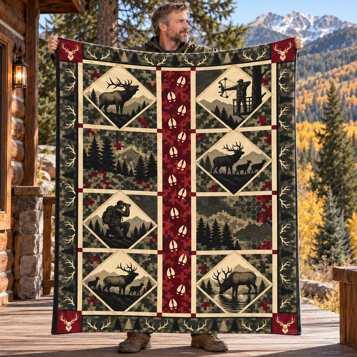 Hunter holding up the track stripe big game fleece blanket