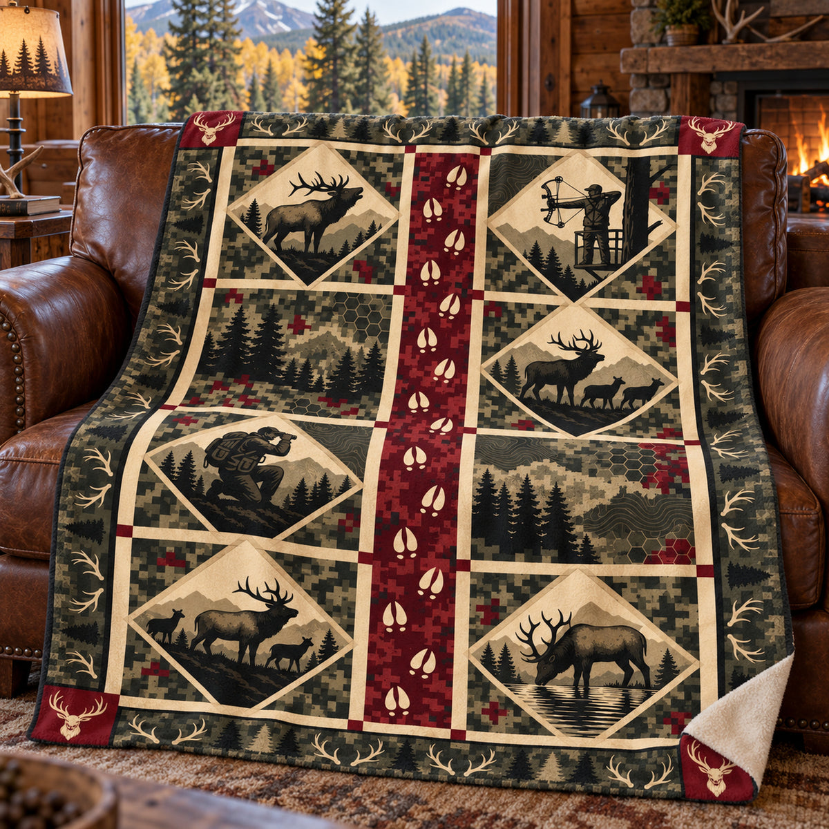 Track stripe big game quilt fleece blanket draped over a cabin couch