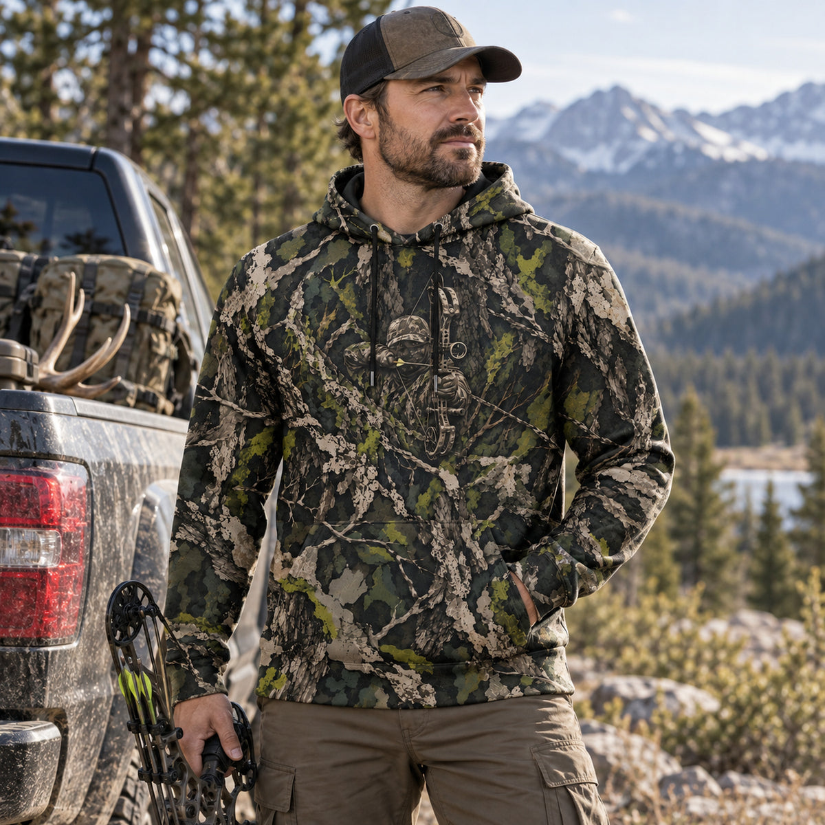 Bowhunting Shadow Bark Field Pullover Hoodie worn outdoors