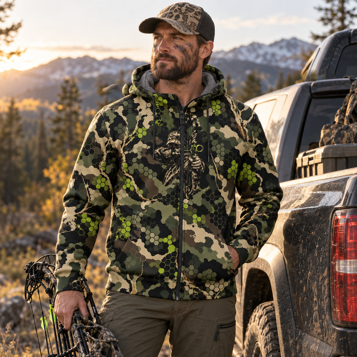 Bowhunting Lime Hex Draw Fleece Full-Zip Hoodie worn outdoors