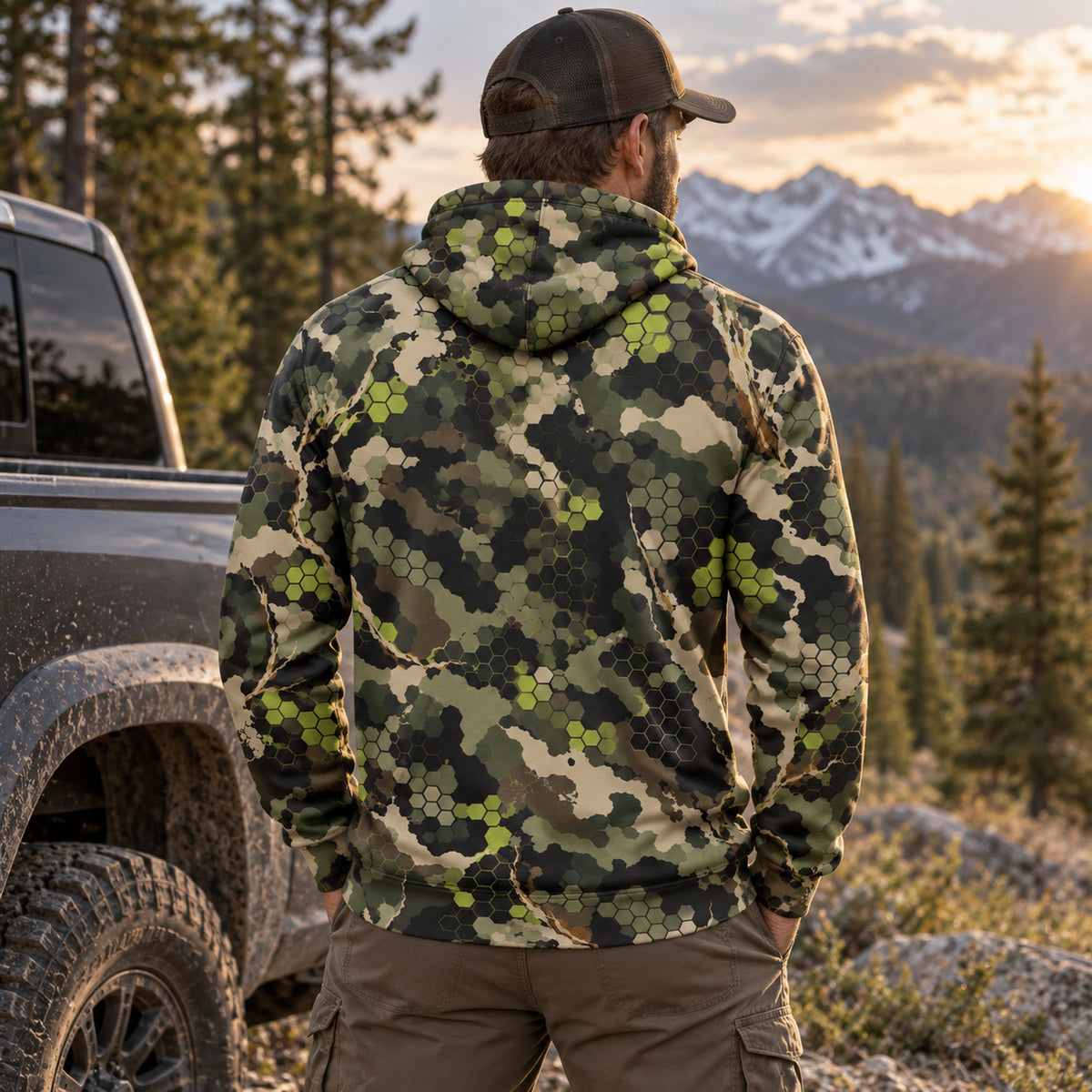 Bowhunting Lime Hex Draw Field Pullover Hoodie back
