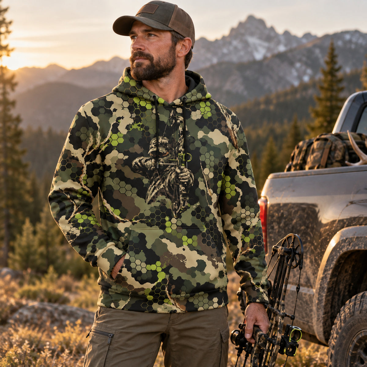Bowhunting Lime Hex Draw Field Pullover Hoodie worn outdoors
