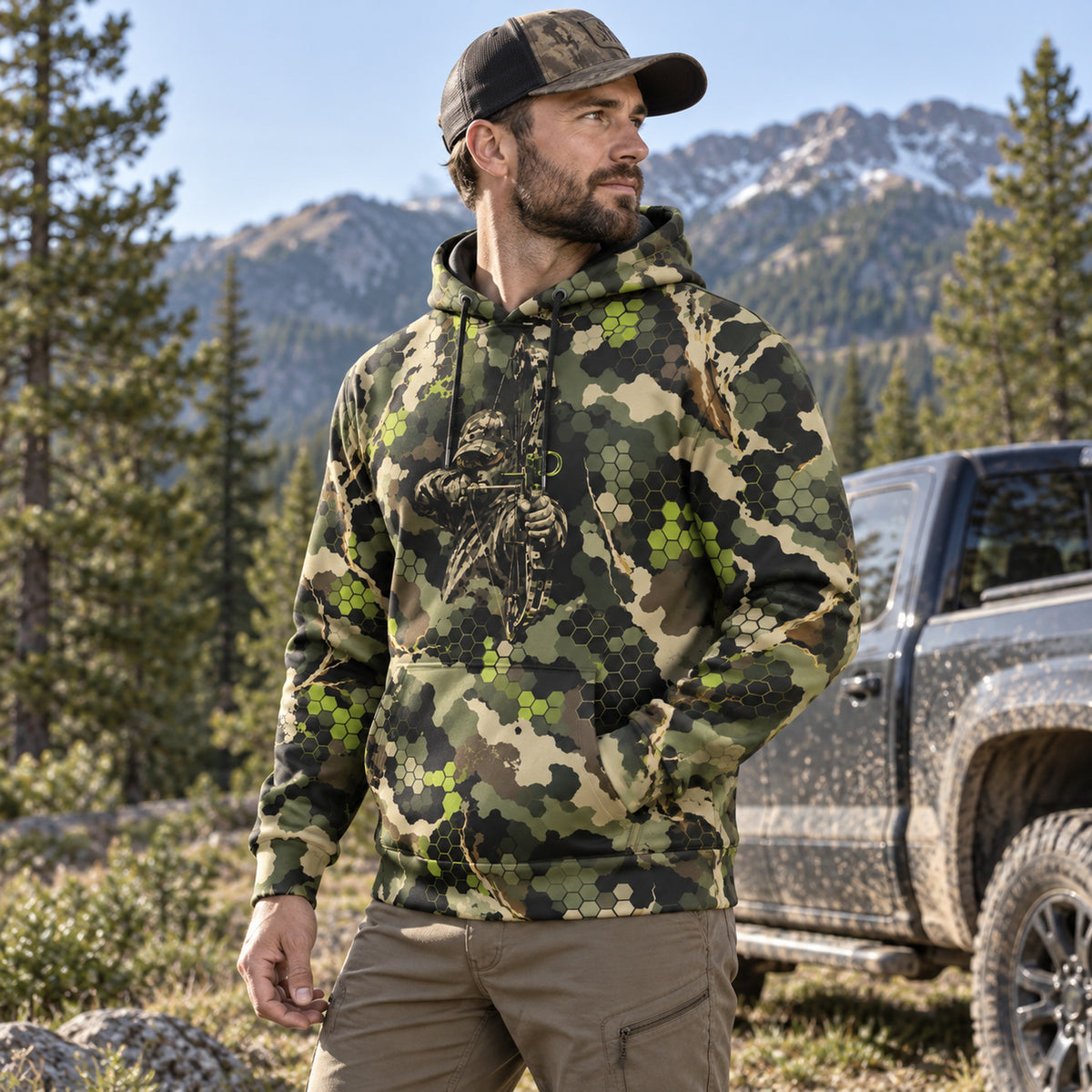Bowhunting Lime Hex Draw Field Pullover Hoodie angled view