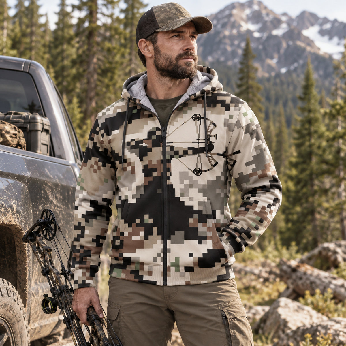 Bowhunting Pixel Grid Draw Fleece Full-Zip Hoodie worn outdoors