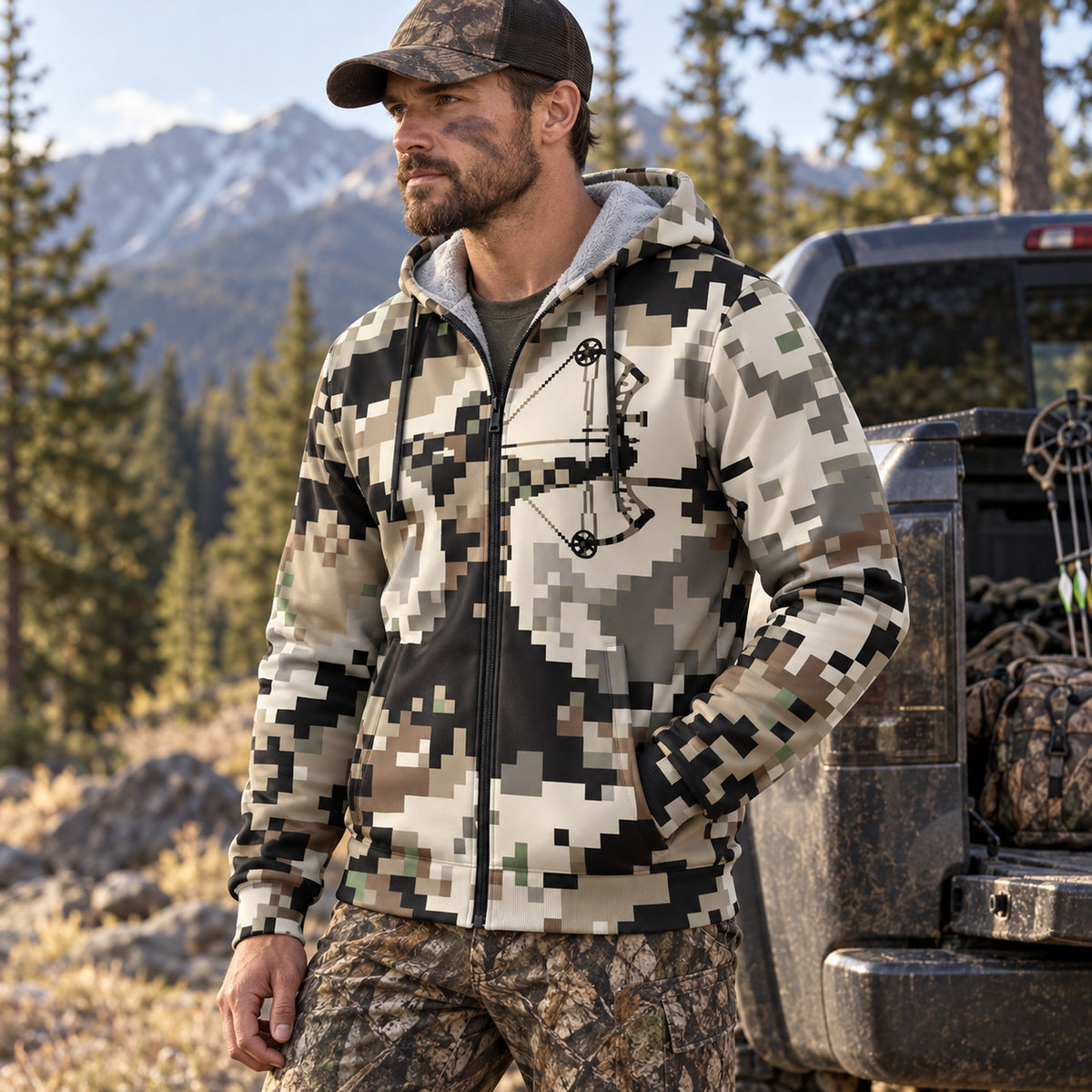 Bowhunting Pixel Grid Draw Fleece Full-Zip Hoodie angled view