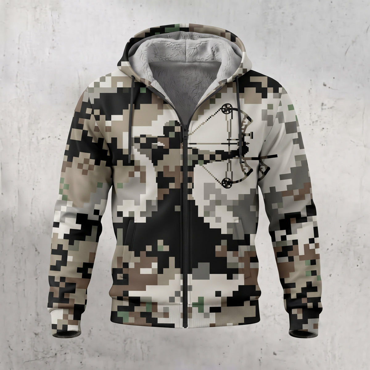 Bowhunting Pixel Grid Draw Fleece Full-Zip Hoodie front