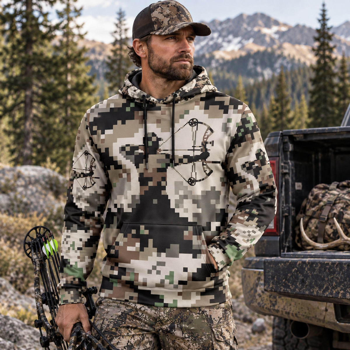 Bowhunting Pixel Grid Draw Field Pullover Hoodie worn outdoors