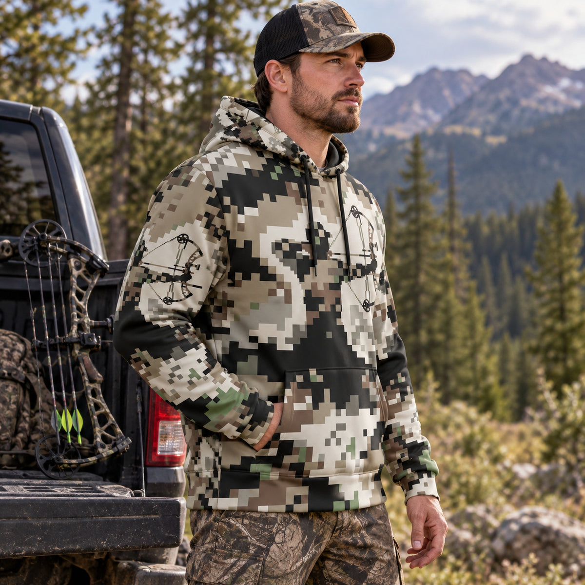 Bowhunting Pixel Grid Draw Field Pullover Hoodie angled view