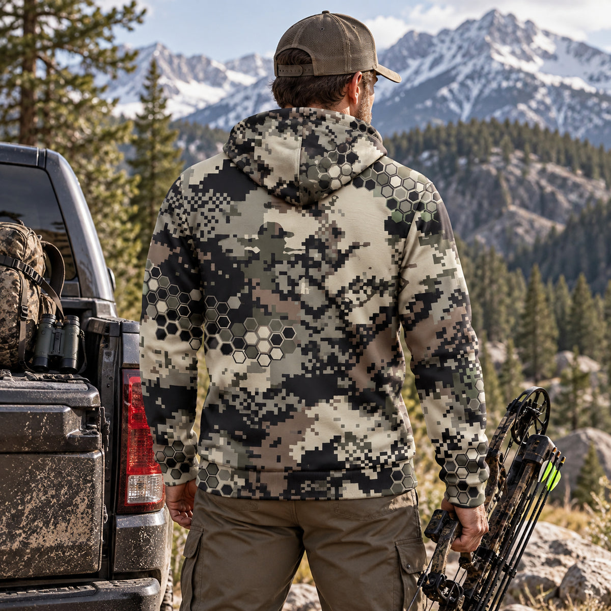 Bowhunting Hex Pixel Rig Fleece Full-Zip Hoodie back