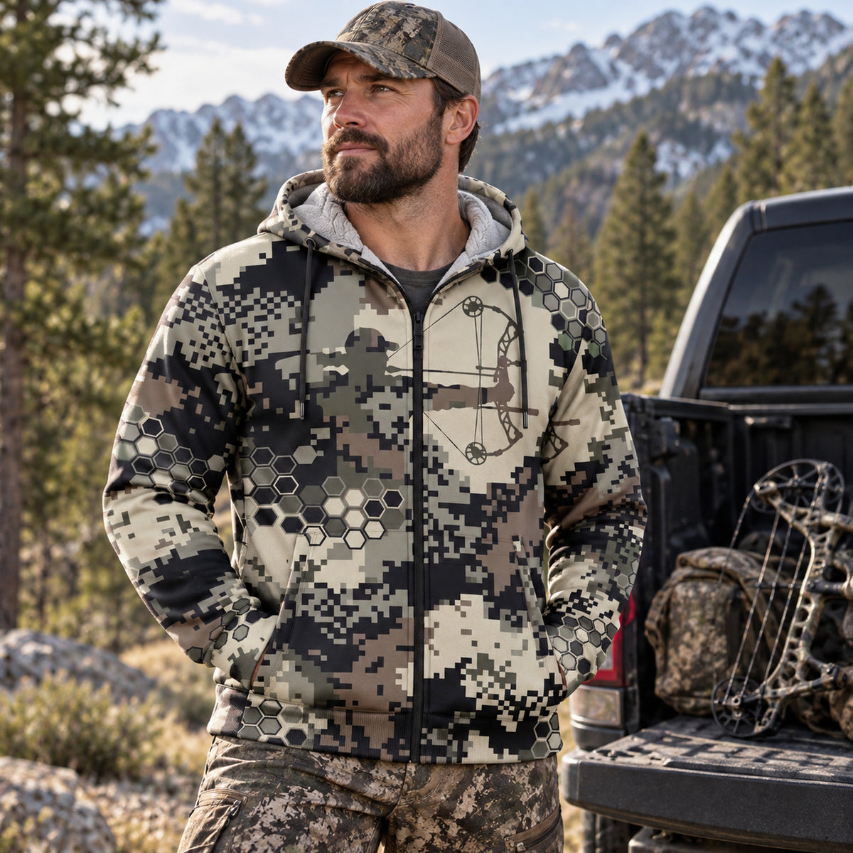 Bowhunting Hex Pixel Rig Fleece Full-Zip Hoodie worn outdoors