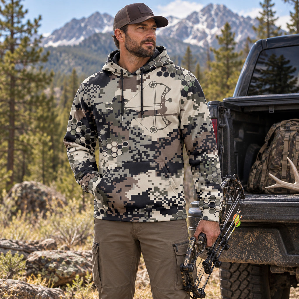 Bowhunting Hex Pixel Rig Field Pullover Hoodie worn outdoors
