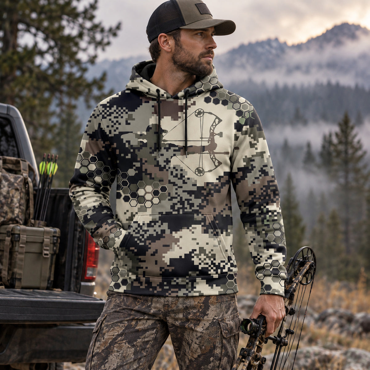 Bowhunting Hex Pixel Rig Field Pullover Hoodie angled view