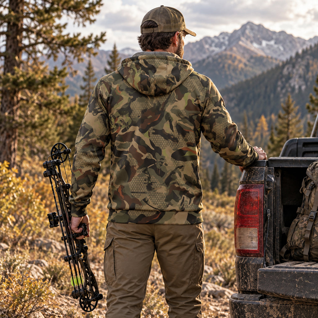 Bowhunting Woodland Riser Fleece Full-Zip Hoodie back