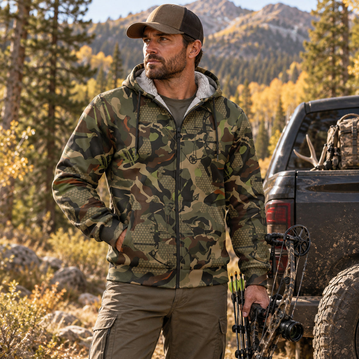 Bowhunting Woodland Riser Fleece Full-Zip Hoodie worn outdoors