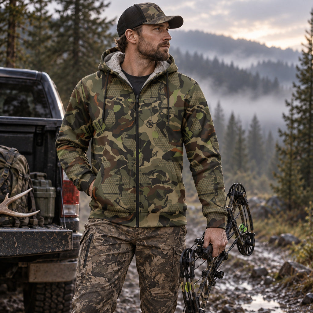 Bowhunting Woodland Riser Fleece Full-Zip Hoodie angled view