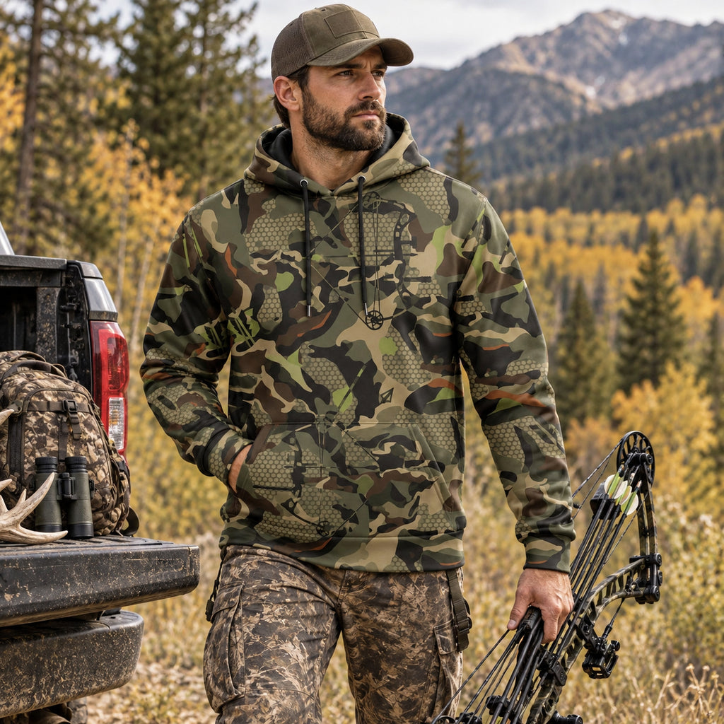 Bowhunting Woodland Riser Field Pullover Hoodie worn outdoors