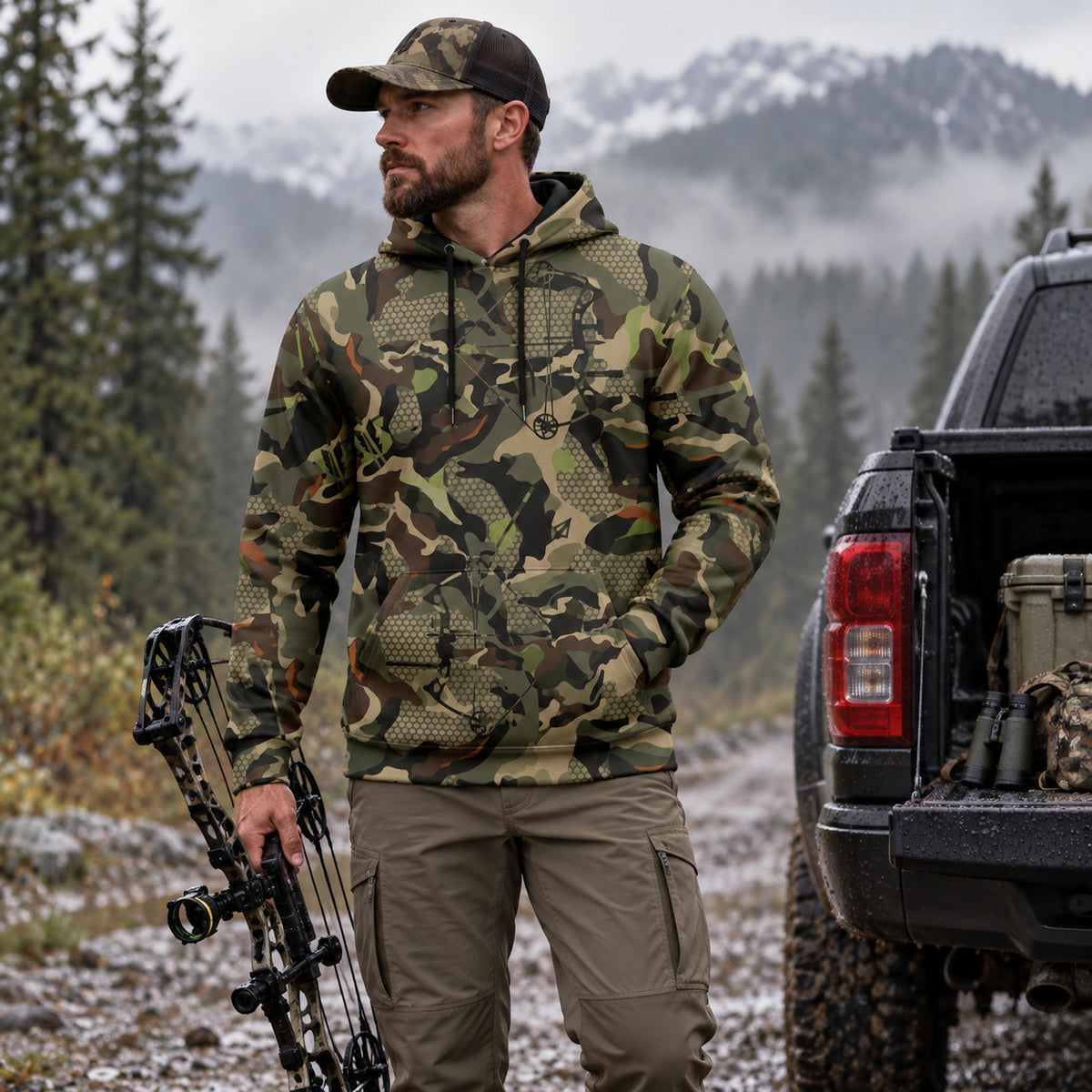 Bowhunting Woodland Riser Field Pullover Hoodie angled view