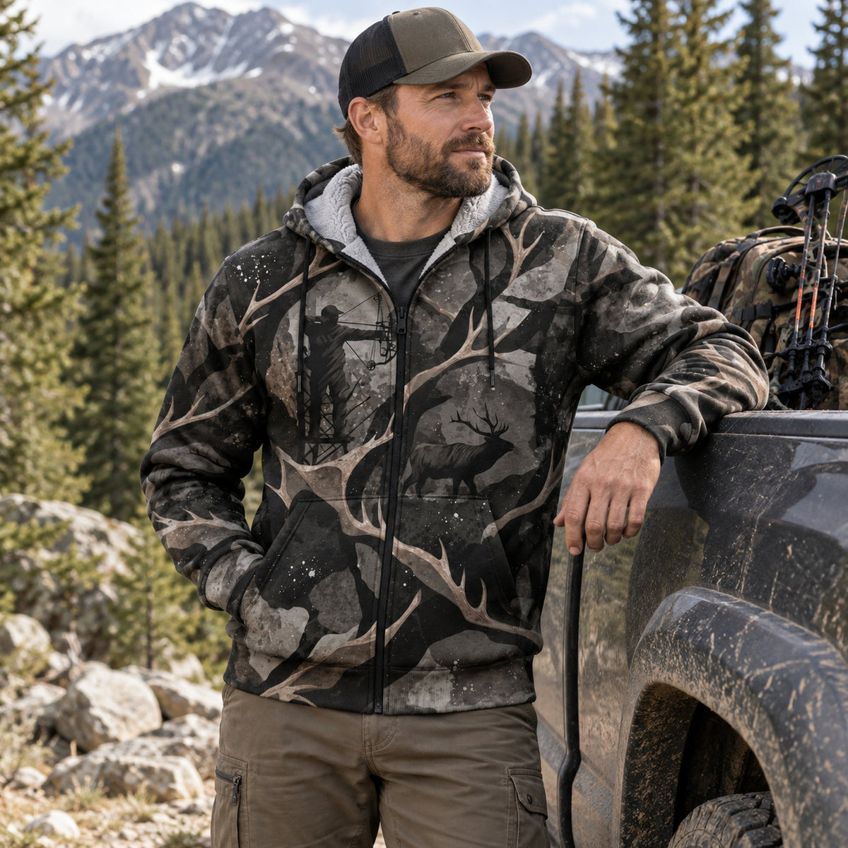 Bowhunting Shadow Antler Timber Fleece Full-Zip Hoodie angled view