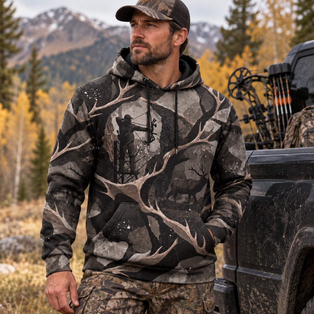 Bowhunting Shadow Antler Timber Field Pullover Hoodie worn outdoors