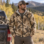 Elk Hunting Shed Antler Drift Fleece Full-Zip Hoodie worn outdoors