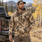 Elk Hunting Shed Antler Drift Field Pullover Hoodie worn outdoors