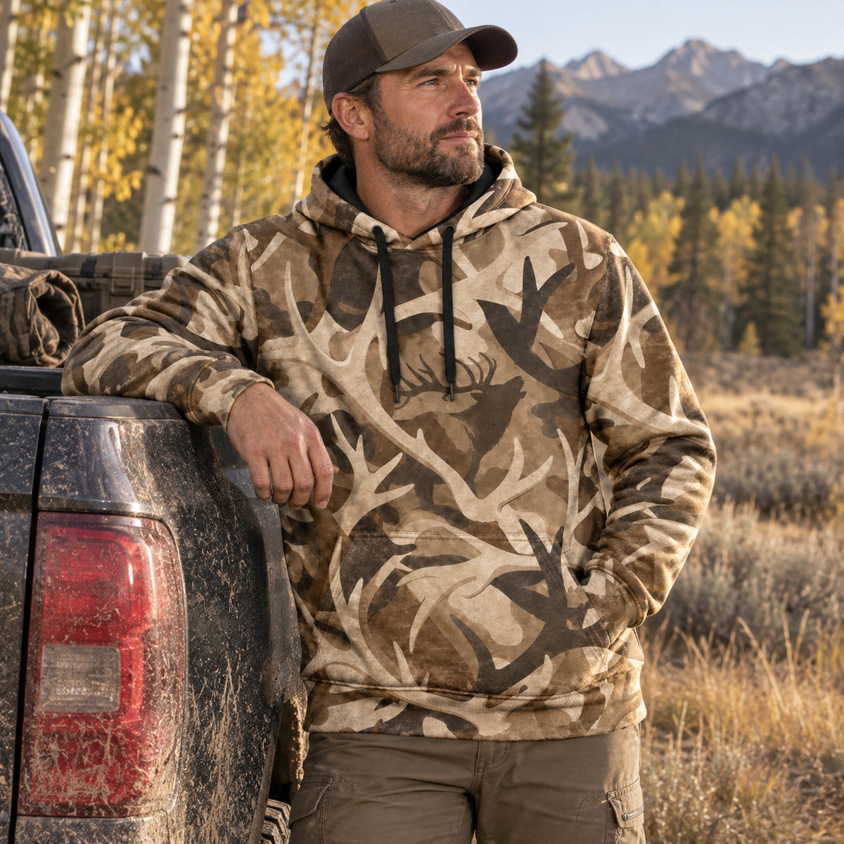 Elk Hunting Shed Antler Drift Field Pullover Hoodie angled view