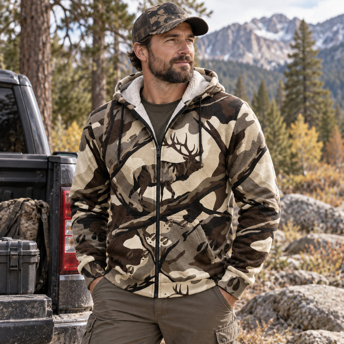 Elk Hunting Bull Branch Timber Fleece Full-Zip Hoodie worn outdoors