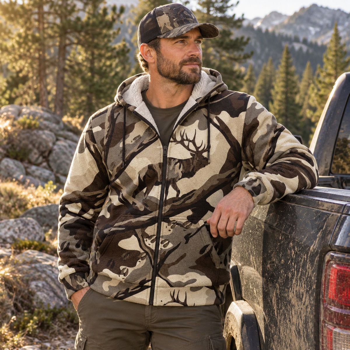 Elk Hunting Bull Branch Timber Fleece Full-Zip Hoodie angled view