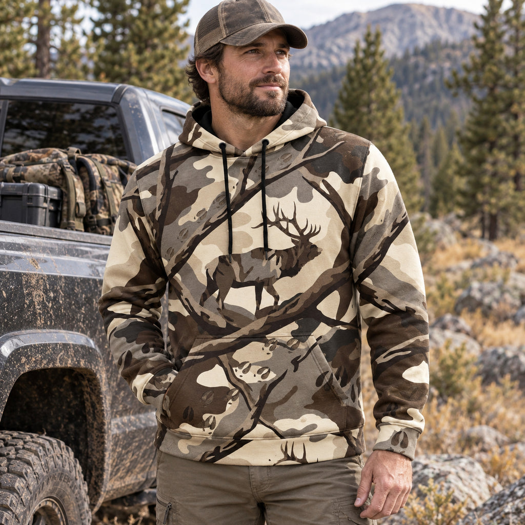 Elk Hunting Bull Branch Timber Field Pullover Hoodie worn outdoors