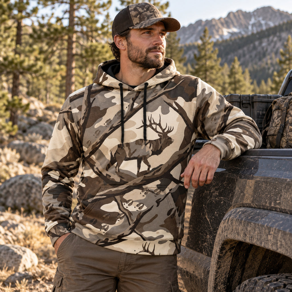 Elk Hunting Bull Branch Timber Field Pullover Hoodie angled view