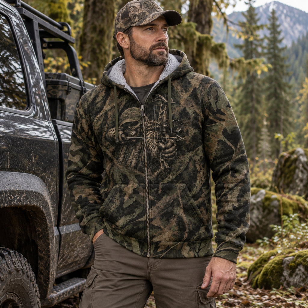 Bowhunting Reaper Draw Oak Fleece Full-Zip Hoodie worn outdoors