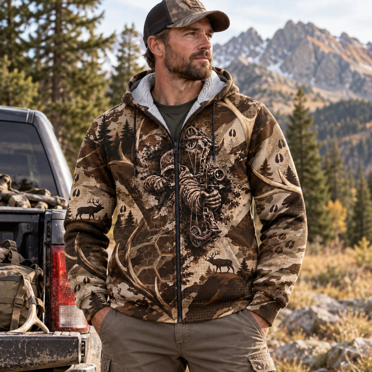Bowhunting Bone Draw Antler Fleece Full-Zip Hoodie worn outdoors