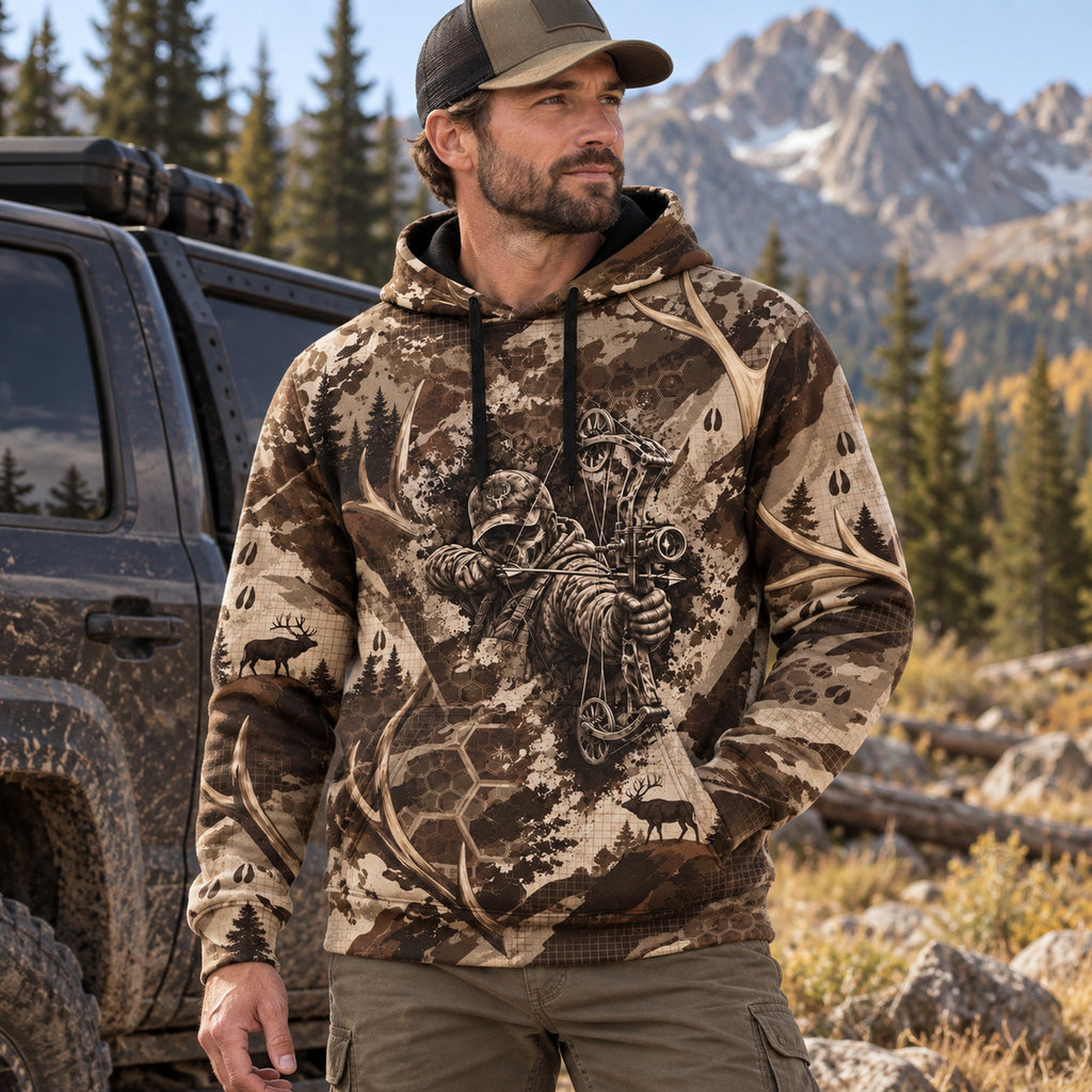 Bowhunting Bone Draw Antler Field Pullover Hoodie worn outdoors