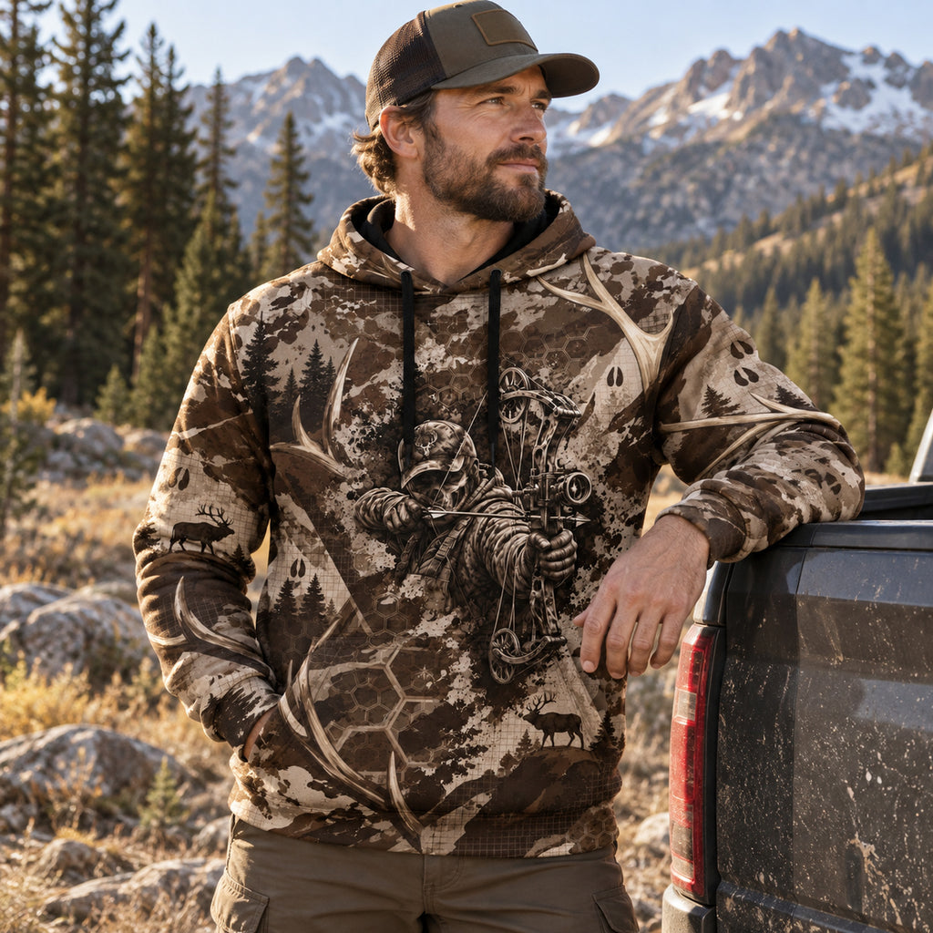 Bowhunting Bone Draw Antler Field Pullover Hoodie angled view