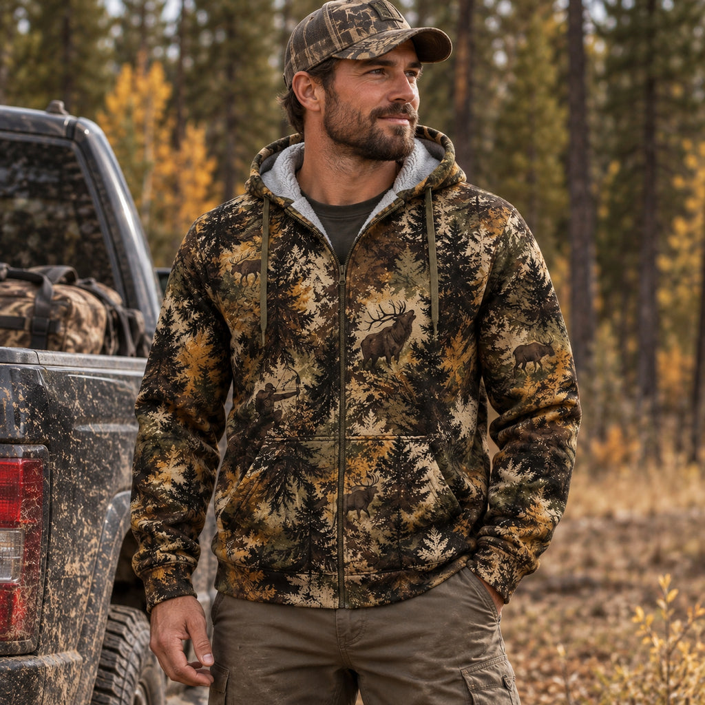 Bowhunting Pine Timber Bull Fleece Full-Zip Hoodie worn outdoors