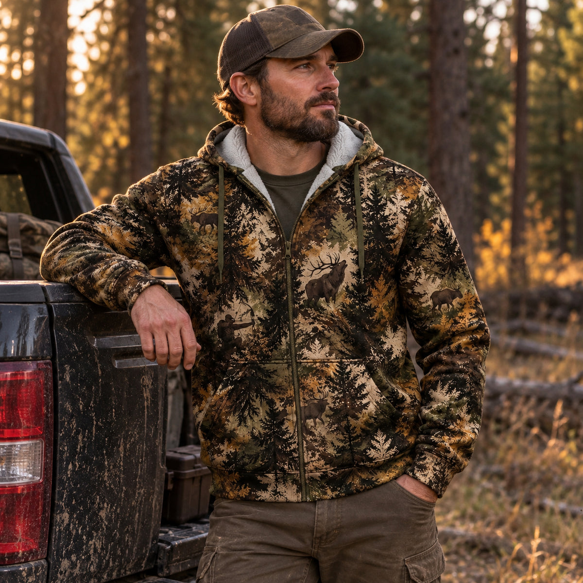 Bowhunting Pine Timber Bull Fleece Full-Zip Hoodie angled view