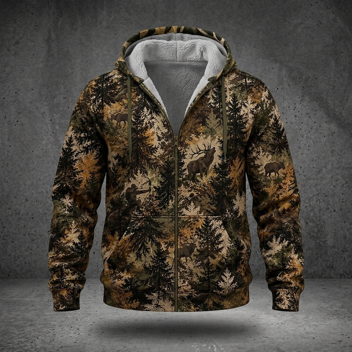 Bowhunting Pine Timber Bull Fleece Full-Zip Hoodie front