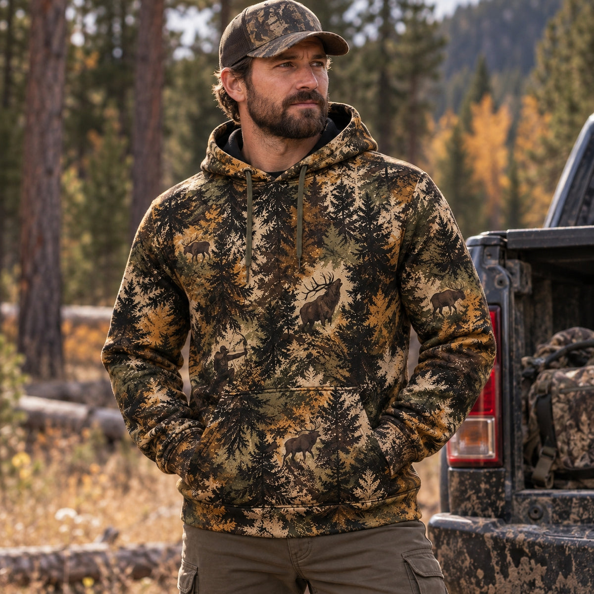 Bowhunting Pine Timber Bull Field Pullover Hoodie worn outdoors