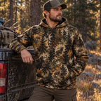 Bowhunting Pine Timber Bull Field Pullover Hoodie angled view