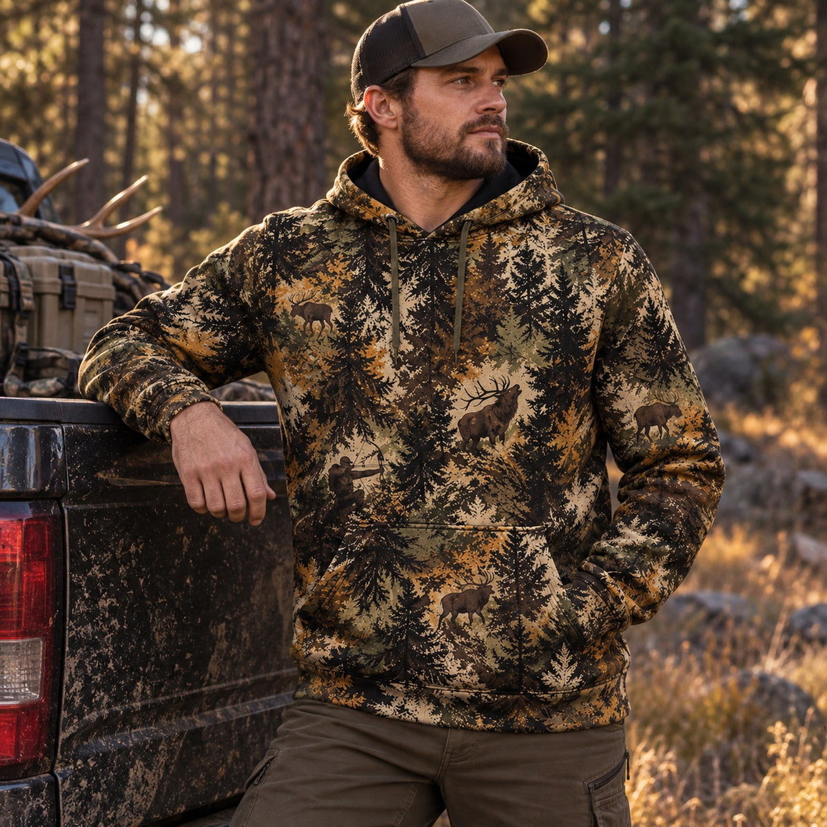 Bowhunting Pine Timber Bull Field Pullover Hoodie angled view