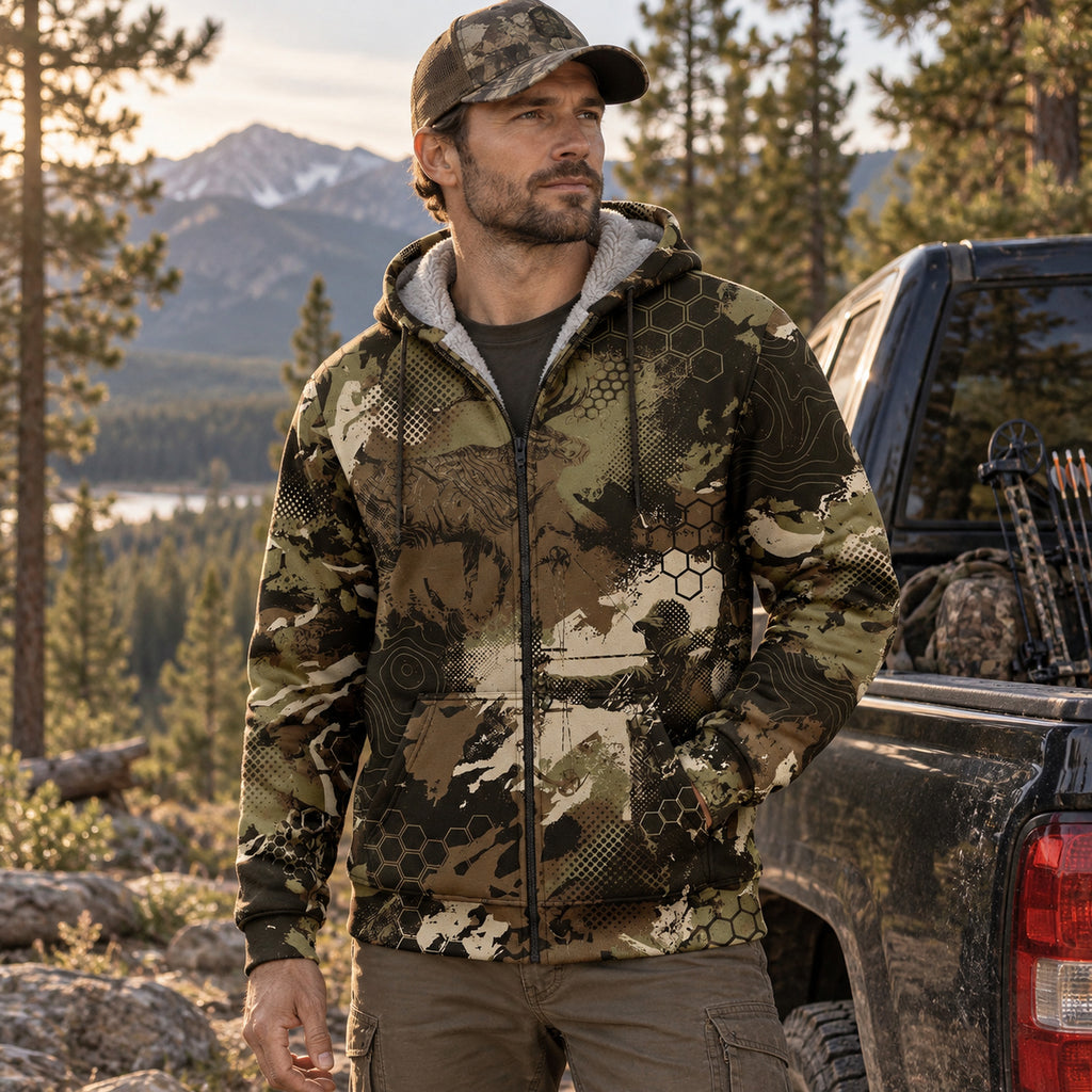Bowhunting Hex Ridge Elk Fleece Full-Zip Hoodie worn outdoors