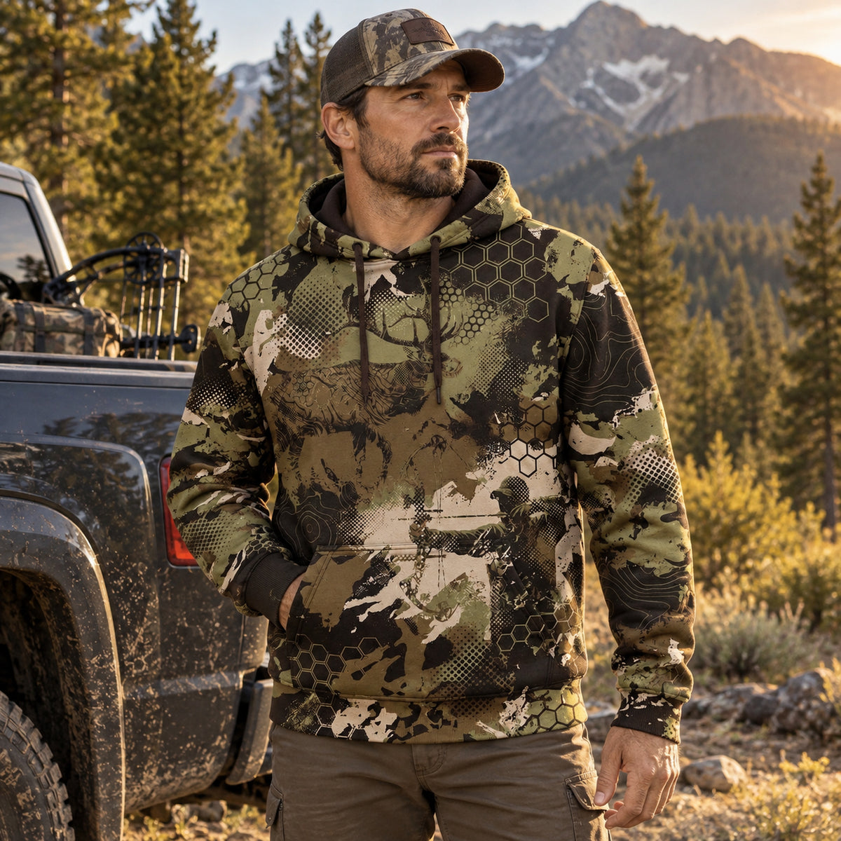 Bowhunting Hex Ridge Elk Field Pullover Hoodie worn outdoors