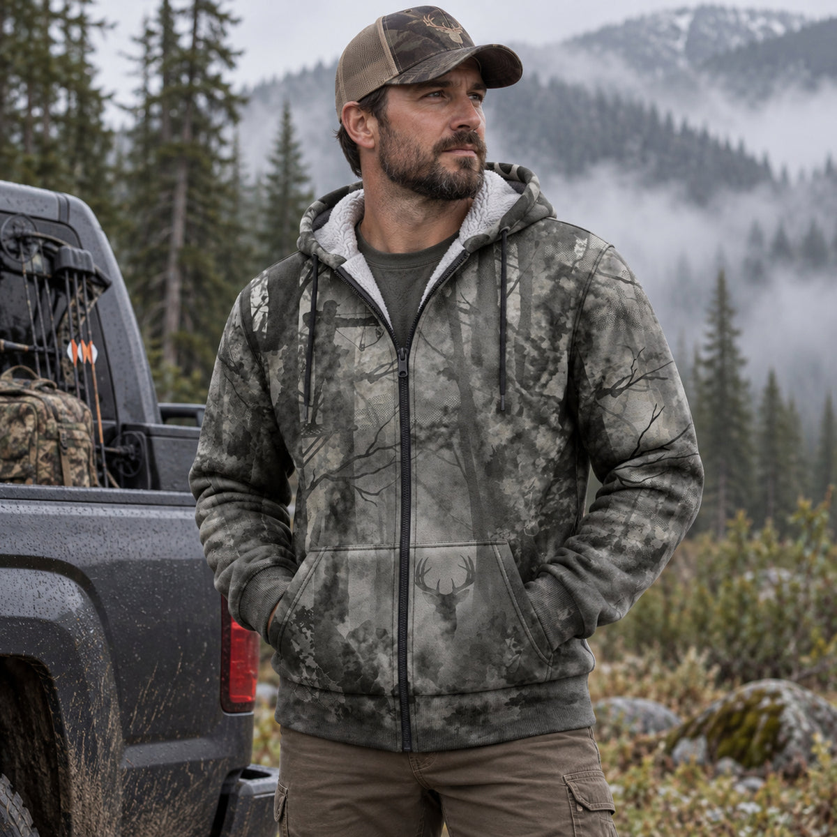 Bowhunting Fog Timber Draw Fleece Full-Zip Hoodie worn outdoors