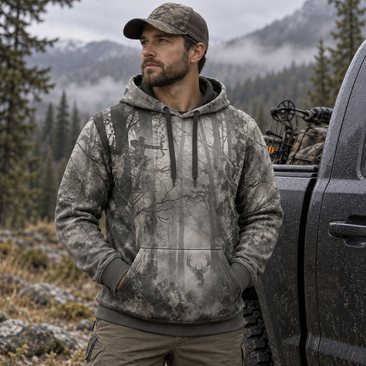 Bowhunting Fog Timber Draw Field Pullover Hoodie worn outdoors